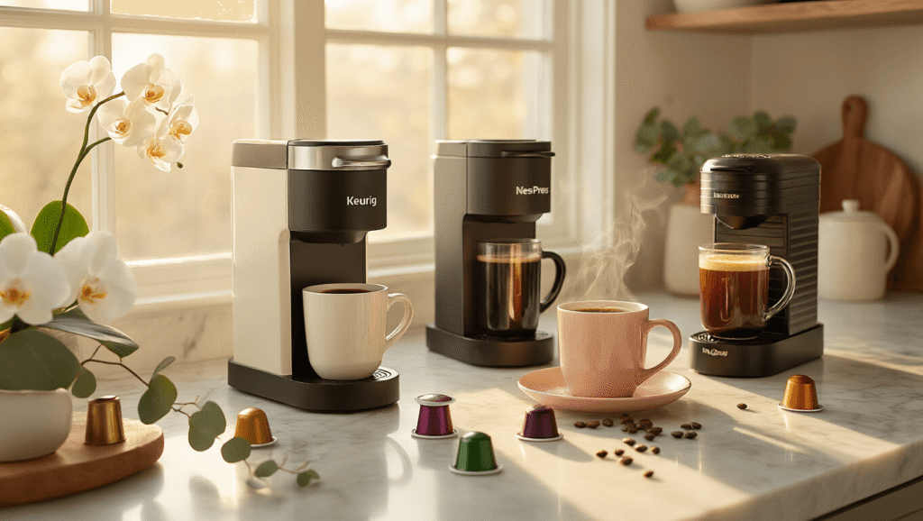 Single Cup Coffee Makers: The Ultimate Guide to Brewing Your Perfect Morning Cup Cinematic kitchen scene featuring a marble countertop with a Keurig K-Mini, AeroPress, and Nespresso Vertuo coffee makers, warm sunlight illuminating steam rising from ceramic mugs, scattered coffee pods and beans, and adorned with fresh orchids and eucalyptus, conveying comfort and sophistication.