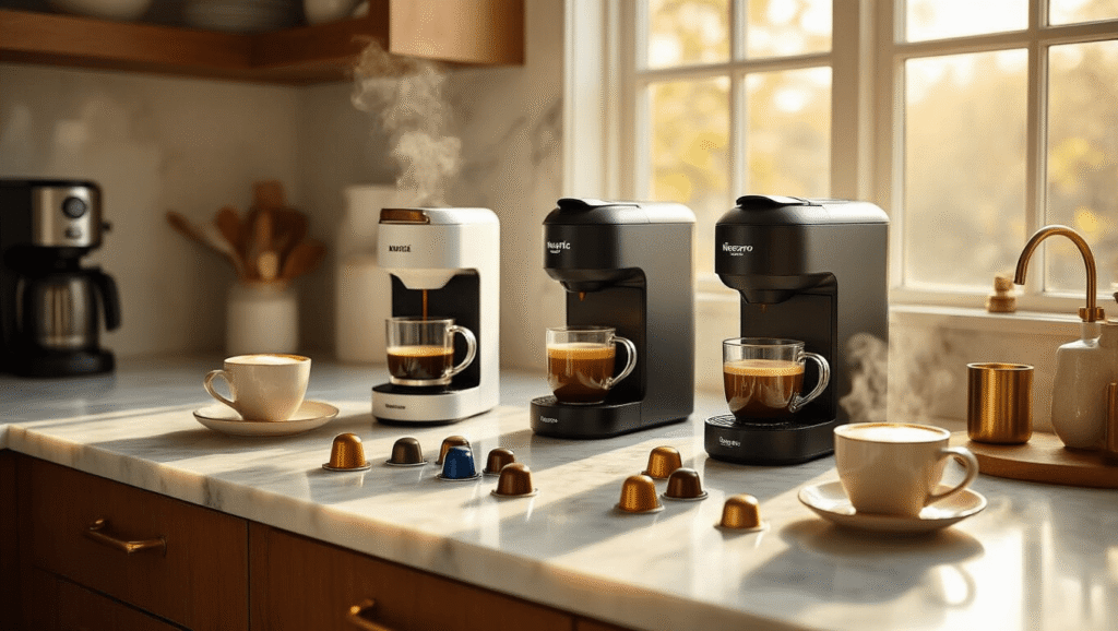 The Ultimate Guide to Single-Serve Coffee Makers: Finding Your Perfect Brew Companion Cinematic overhead view of a marble kitchen counter featuring elegant single-serve coffee makers, colorful coffee pods, steaming ceramic cups, and warm morning light, creating a cozy and inviting atmosphere.
