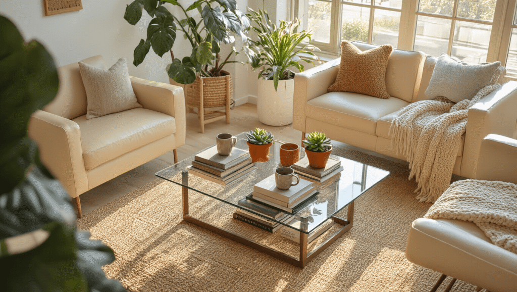 Mastering Small Coffee Tables: The Ultimate Guide to Compact Living Spaces Cinematic overhead view of a glass-top coffee table styled with ceramic mugs, succulents, vintage books, and a chunky knit throw in a bright modern living room with cream leather seating and a woven jute rug, illuminated by golden hour lighting.