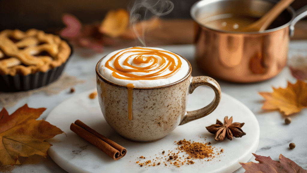 Spiced Apple Coffee: The Ultimate Cozy Autumn Drink Cinematic overhead shot of spiced apple coffee in a rustic ceramic mug with golden caramel drizzle and a cinnamon stick, warm amber lighting, and autumn leaves on a white marble surface, evoking a cozy morning atmosphere.