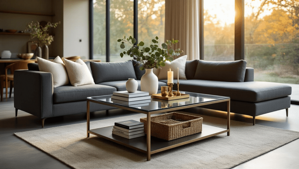The Ultimate Guide to Square Coffee Tables: Elevating Your Living Room Aesthetic Cinematic wide-angle shot of a modern living room featuring a square coffee table styled with books and vases, surrounded by a gray sectional sofa, illuminated by warm sunlight through large windows.