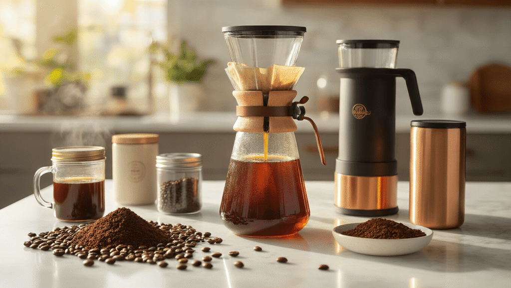The Ultimate Guide to Cold Brew Coffee Makers: Finding Your Perfect Brew Cinematic flat lay of a premium Toddy Cold Brew System on a white marble countertop, showcasing amber cold brew concentrate in a glass carafe, surrounded by coffee grounds, a burr grinder, storage containers, and tumblers, all lit by warm golden morning sunlight.