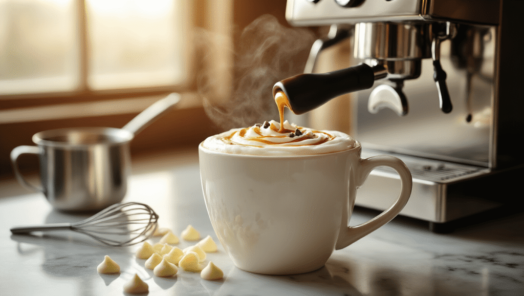 White Chocolate Mocha - Your Instant Cafe Escape A close-up of a ceramic mug filled with white chocolate mocha, with golden espresso shots creating swirls and perfectly frothed milk, set on a marble countertop with white chocolate chips. A gleaming chrome espresso machine is in the background, illuminated by warm morning light, with steam rising elegantly, adding to the cozy coffeehouse atmosphere.
