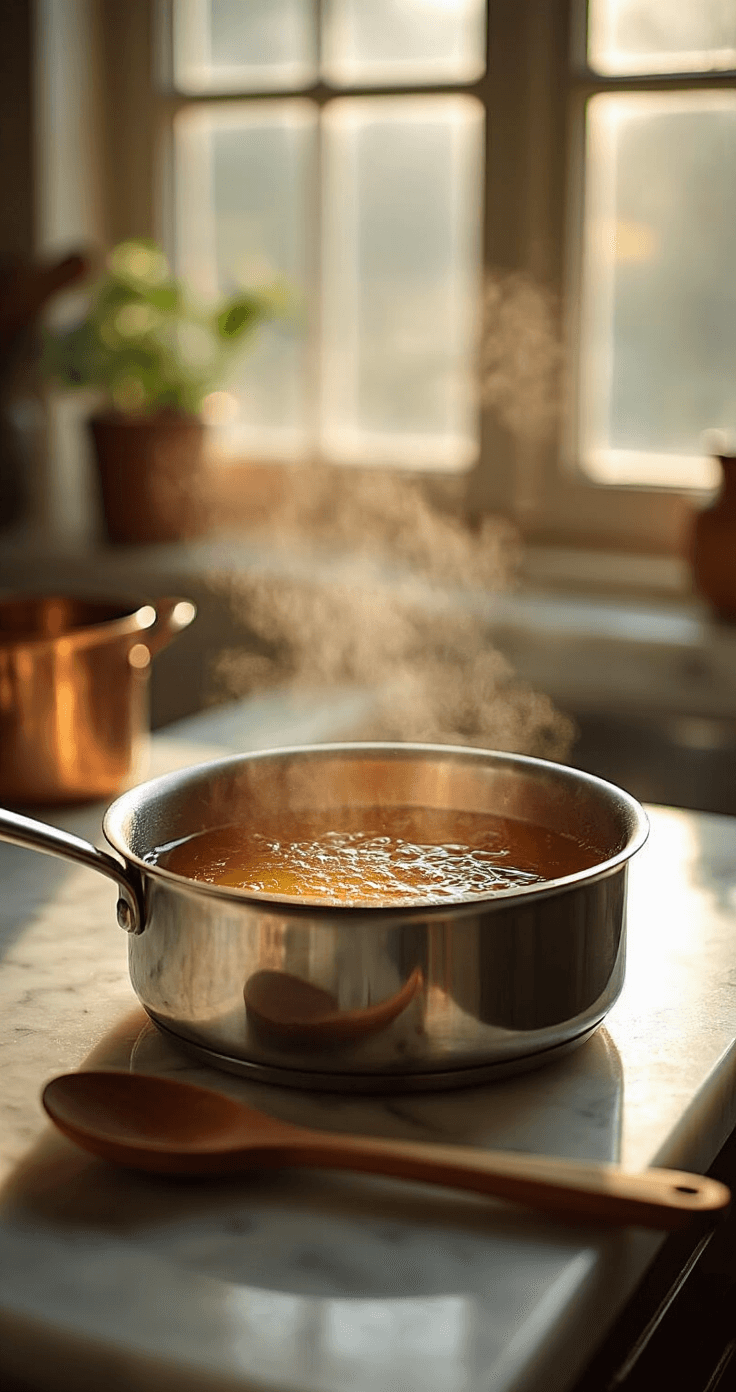 Sweet Cream Vanilla Coffee: The Ultimate Homemade Cold Brew Delight Cinematic close-up of bubbling vanilla syrup in a stainless steel saucepan, with golden amber liquid illuminated by warm kitchen light, steam rising gently, and a wooden spoon resting on a marble countertop amidst dissolving sugar crystals, evoking a cozy morning ambiance in a rustic kitchen setting.