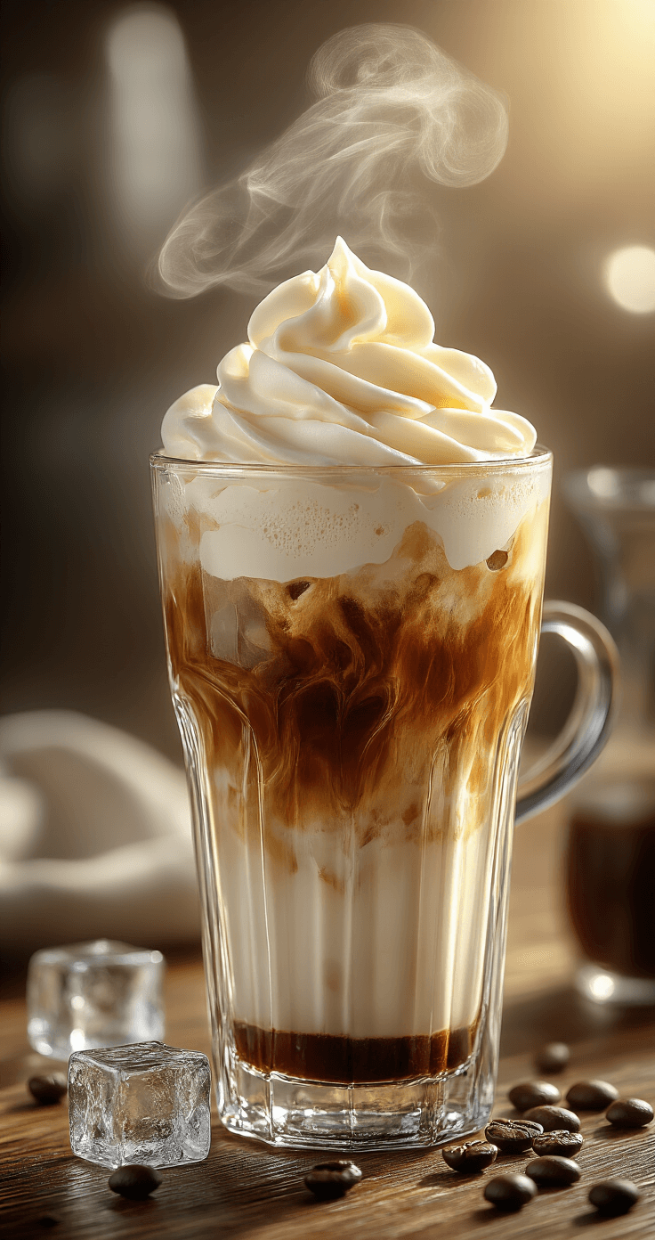 Sweet Cream Vanilla Coffee: The Ultimate Homemade Cold Brew Delight Artisanal cold brew coffee layered with vanilla sweet cream foam in a clear glass, set on a rustic wooden table with scattered coffee beans and golden hour lighting, highlighting mesmerizing cream patterns and glistening ice cubes.