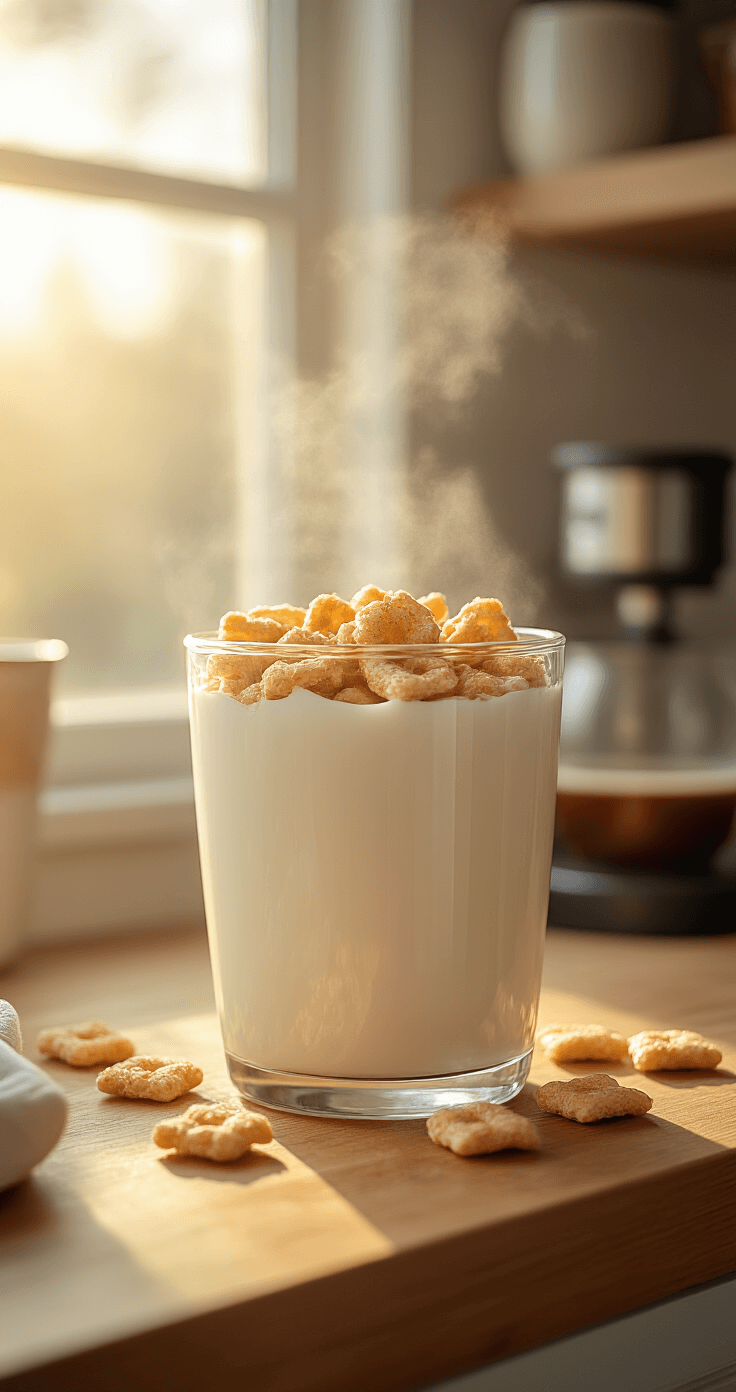 Cinnamon Toast Coffee: A Nostalgic Breakfast Drink That'll Make Your Mornings Epic Cinematic close-up of whole milk and Cinnamon Toast Crunch cereal steeping in a glass container, bathed in warm golden morning light, with soft steam rising and a cozy breakfast ambiance.