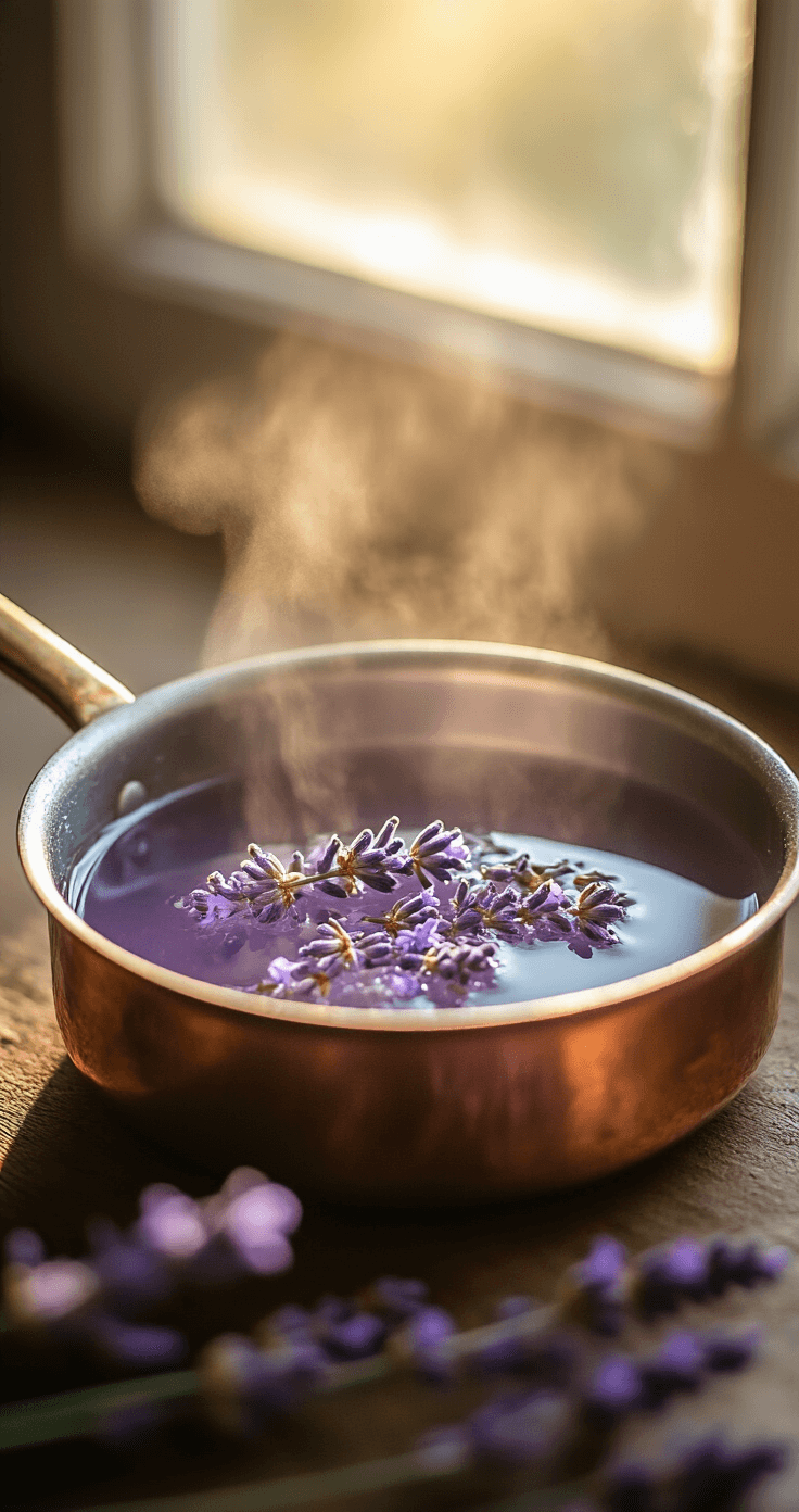 Iced Lavender Latte: The Floral Coffee Drink That Actually Tastes Good Ultra-detailed close-up of culinary lavender steeping in a copper saucepan, golden morning light illuminating steam and dissolving sugar crystals, with water transforming into a pale purple syrup and intricate lavender sprigs visible.