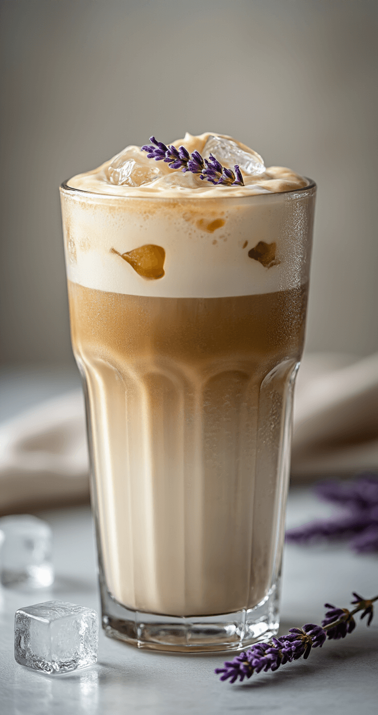 Iced Lavender Latte: The Floral Coffee Drink That Actually Tastes Good Overhead view of a tall glass of iced lavender latte with layered espresso and milk, garnished with a lavender sprig, set against a soft neutral background with studio lighting.
