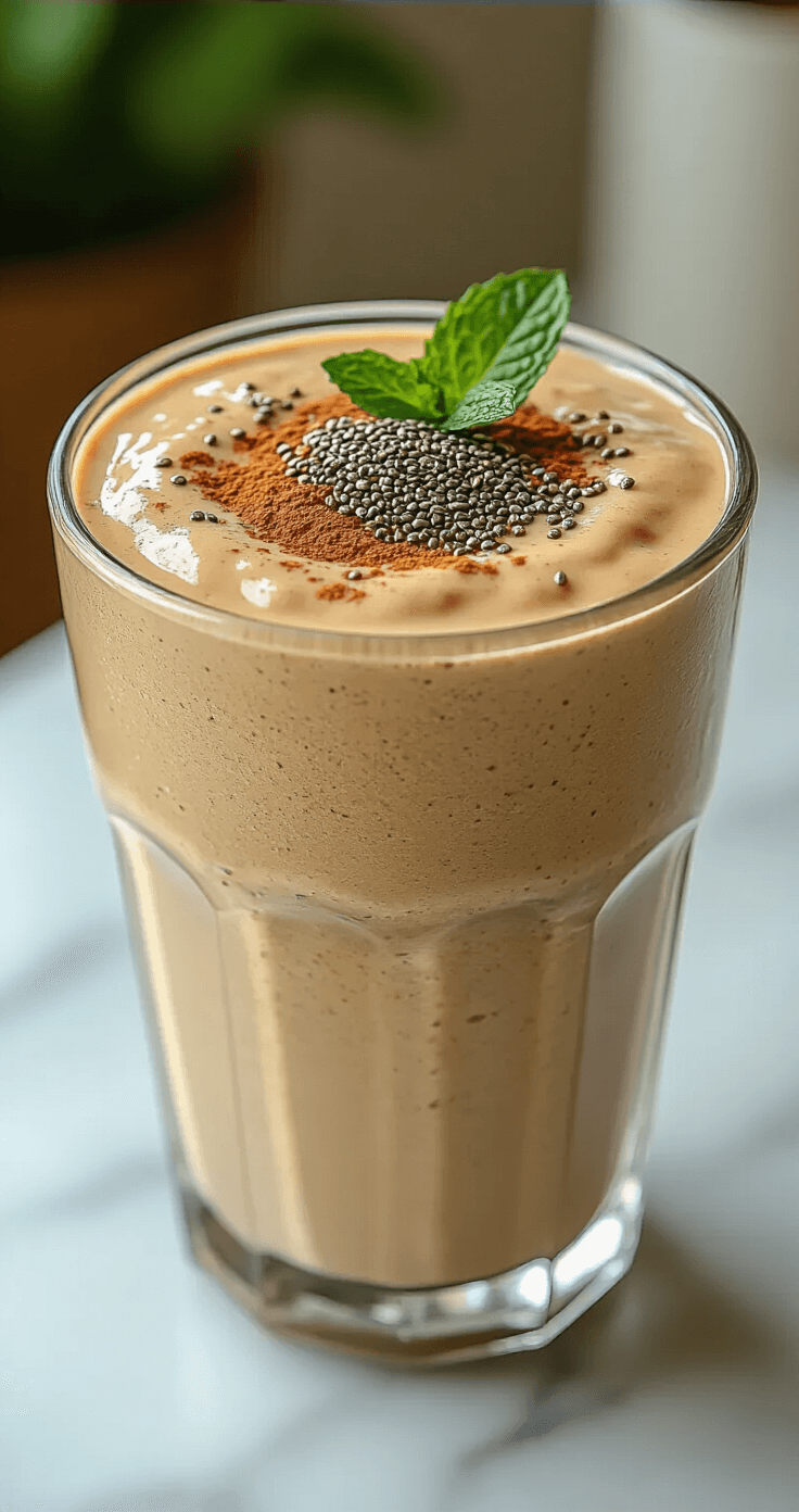 Almond Butter Coffee Smoothie Recipe Artisan glass filled with a thick almond butter coffee smoothie, topped with cinnamon and chia seeds, positioned on a marble countertop with soft natural light, featuring condensation and a mint leaf garnish, set against a blurred background.