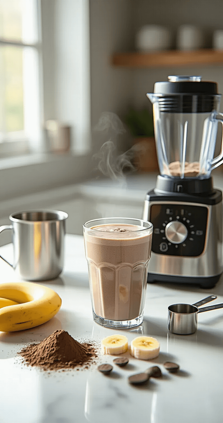 Mocha Protein Shake Recipe: Your 5-Minute Coffee-Chocolate Power Breakfast A professional kitchen countertop with a marble surface, showcasing a high-powered blender, chocolate protein powder, cocoa, frozen banana slices, and a cup of cooled coffee, illuminated by soft morning light; includes stainless steel measuring spoons and a tall glass.