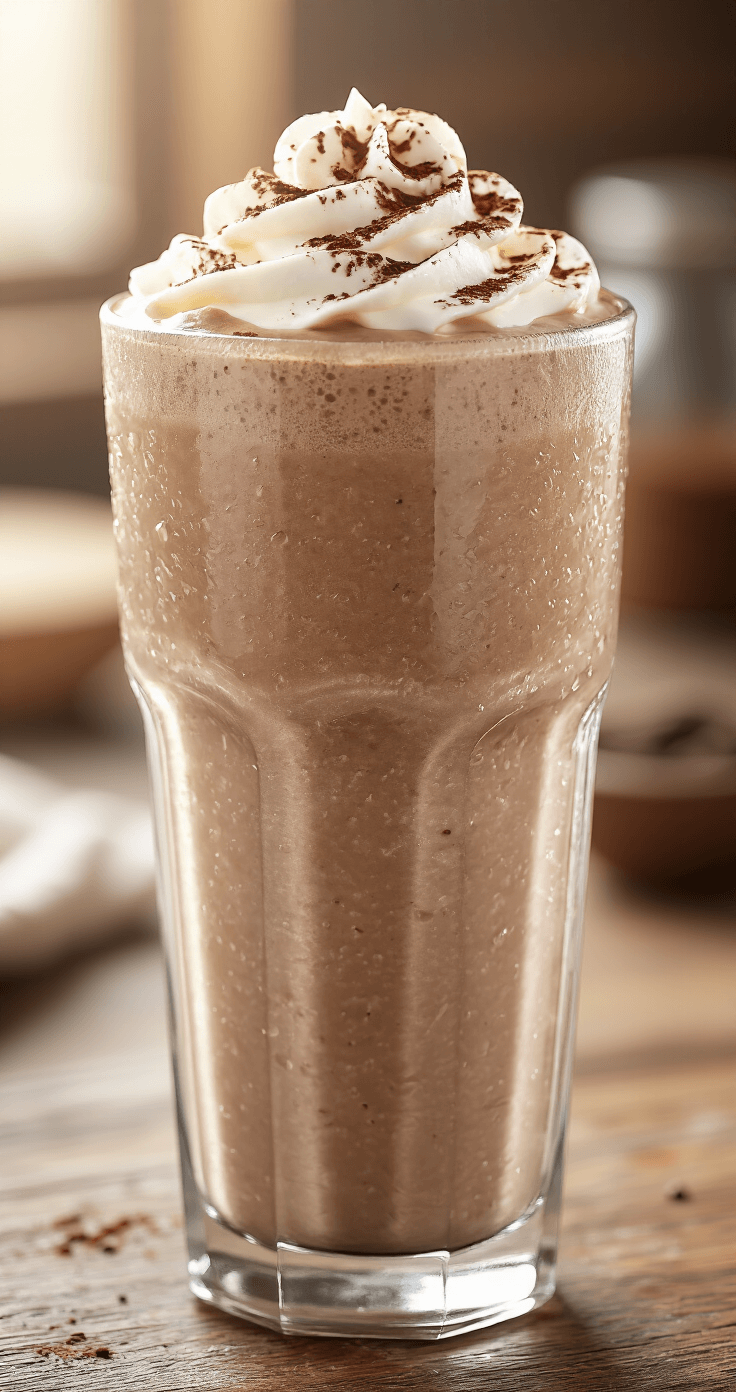 Mocha Protein Shake Recipe: Your 5-Minute Coffee-Chocolate Power Breakfast A tall, clear glass filled with a thick mocha protein shake featuring a chocolate-coffee gradient, topped with whipped cream and cocoa powder, set on a rustic wooden surface with condensation droplets and a softly blurred kitchen background.