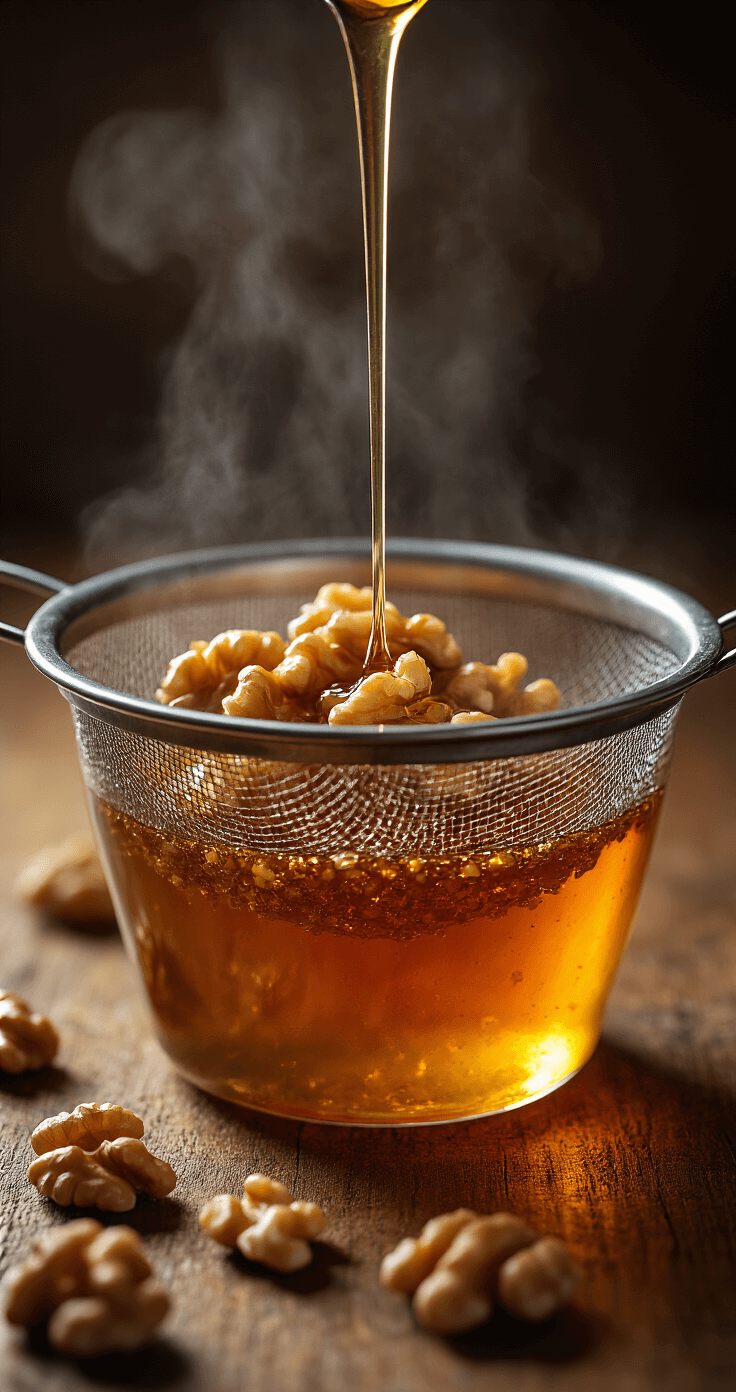 Maple Walnut Latte Recipe: Rich, Nutty, and Perfectly Sweetened Close-up of golden maple syrup being strained through a fine mesh strainer, with toasted walnut pieces in warm kitchen light on a rustic wooden surface, steam rising, highlighting the infusion process.