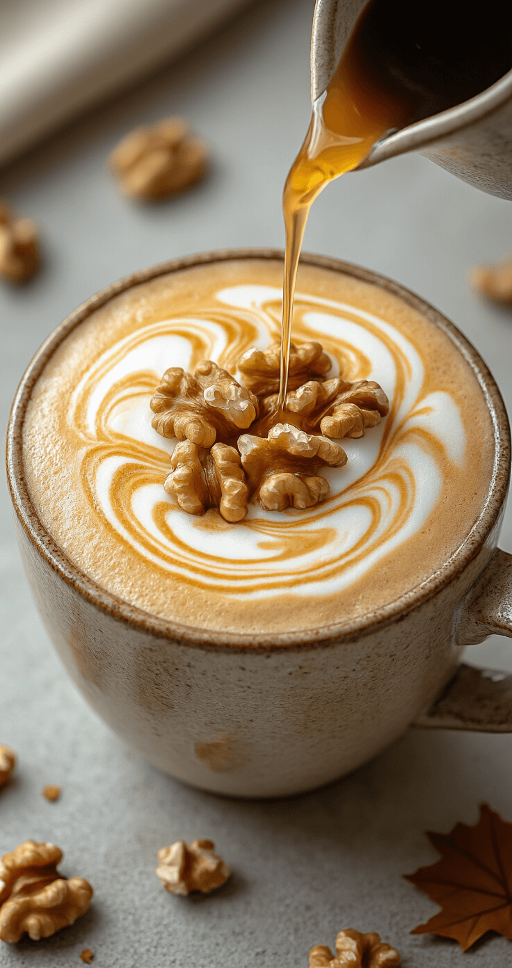 Maple Walnut Latte Recipe: Rich, Nutty, and Perfectly Sweetened Overhead shot of a maple walnut latte in a ceramic mug, with espresso cascading over creamy milk and syrup creating delicate swirls, surrounded by whole walnuts and maple leaves, illuminated by soft natural light.