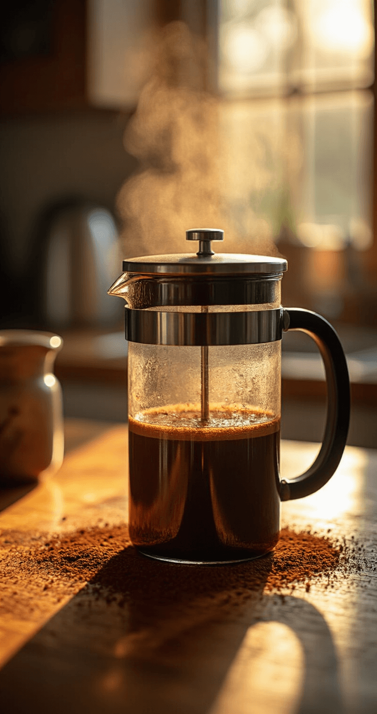 Cocoa Cinnamon Coffee Close-up of ground coffee and cinnamon in a French press, illuminated by golden morning sunlight, with steam rising and intricate textures visible on a wooden kitchen counter.
