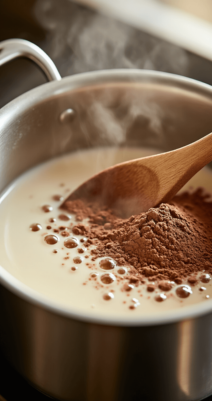 Cocoa Cinnamon Coffee A stainless steel saucepan on medium-low heat contains a mixture of milk, cocoa powder, and sugar, with steam rising and delicate bubbles forming at the edges, while a wooden spoon stirs the ingredients, creating swirling patterns in soft, diffused natural light.