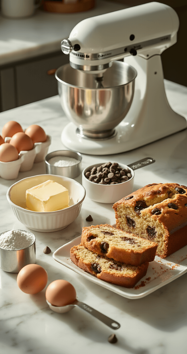 Chocolate Chip Coffee Cake: The Breakfast Treat That Actually Lives Up to the Hype Overhead shot of a kitchen counter with ingredients for chocolate chip coffee cake, including softened butter in a vintage dish, farm-fresh eggs, measuring cups of flour and chocolate chips, and a stand mixer, bathed in warm morning light.