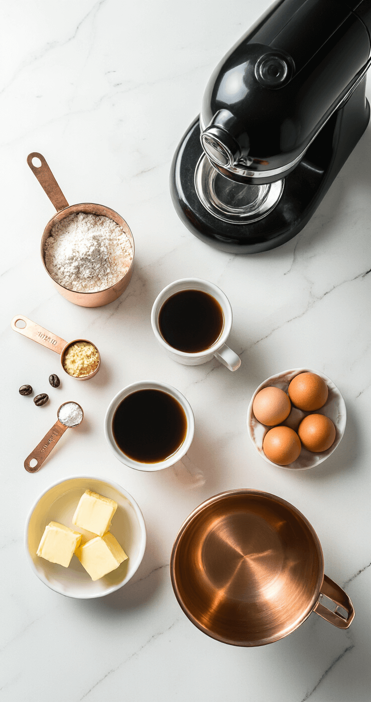 Coffee Cupcakes with Espresso Frosting: The Ultimate Caffeine-Loaded Treat Overhead view of a pristine kitchen workspace with measured ingredients for coffee cupcakes, featuring flour, eggs, butter, and a cup of dark coffee, adorned with vintage copper bowls and a stainless steel stand mixer in warm morning light.