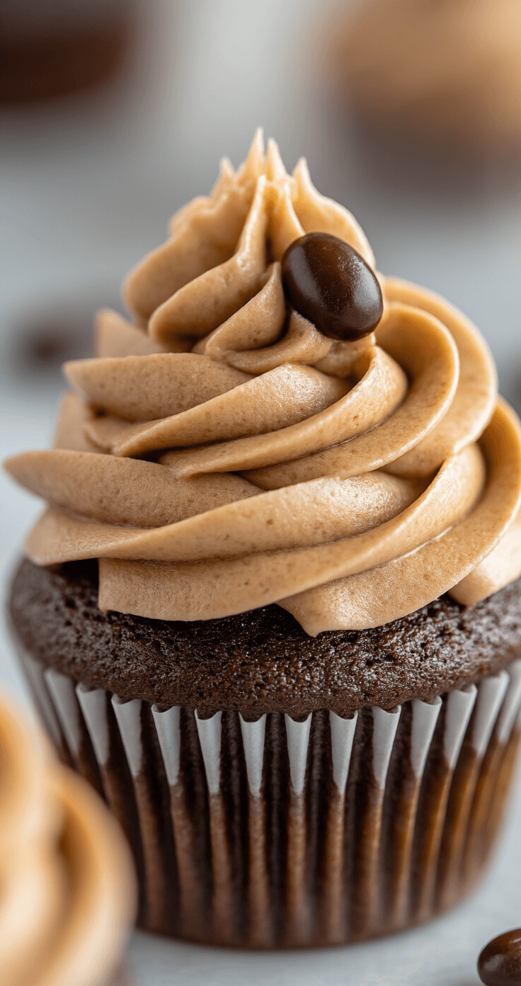 Coffee Cupcakes with Espresso Frosting: The Ultimate Caffeine-Loaded Treat Close-up of silky, glossy espresso buttercream being piped onto a coffee cupcake, showcasing rich mocha tones and coffee-infused swirls, with dramatic lighting and a chocolate-covered espresso bean on top.
