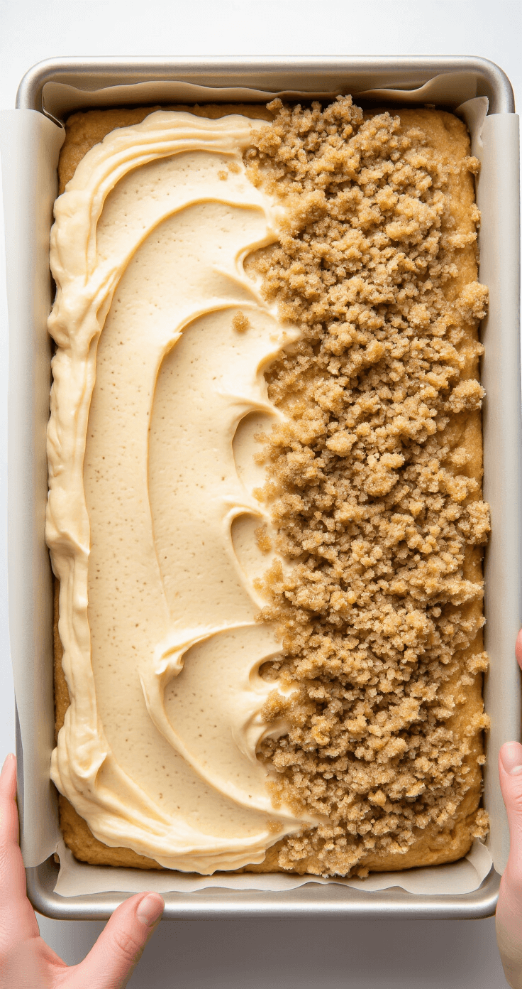 Classic Coffee Cake With Buttery Cinnamon Streusel Professional overhead view of a 9x13 inch baking pan containing layered coffee cake batter, with streusel, under soft kitchen lighting.