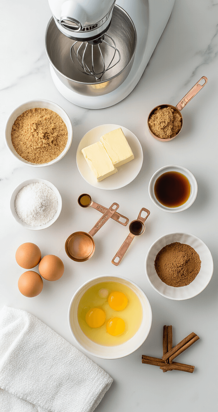 Cinnamon Swirl Coffee Cake: Your New Weekend Breakfast Obsession Overhead view of a pristine kitchen counter with measured baking ingredients for cinnamon cake, including softened butter, cracked eggs, brown sugar, vanilla, and ground cinnamon, arranged in a warm color palette, illuminated by soft morning light.