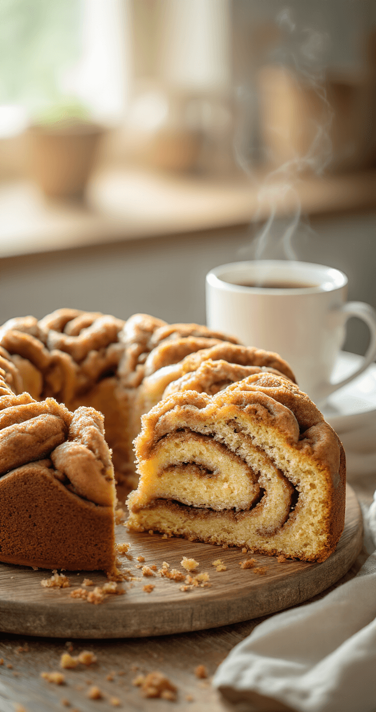 Cinnamon Swirl Coffee Cake: Your New Weekend Breakfast Obsession Dramatic side-angle view of a golden-brown cinnamon swirl coffee cake on a rustic wooden board, showcasing a cut slice revealing the moist interior with cinnamon ribbons, alongside a steaming cup of coffee, all set against a softly blurred sunlit kitchen background.