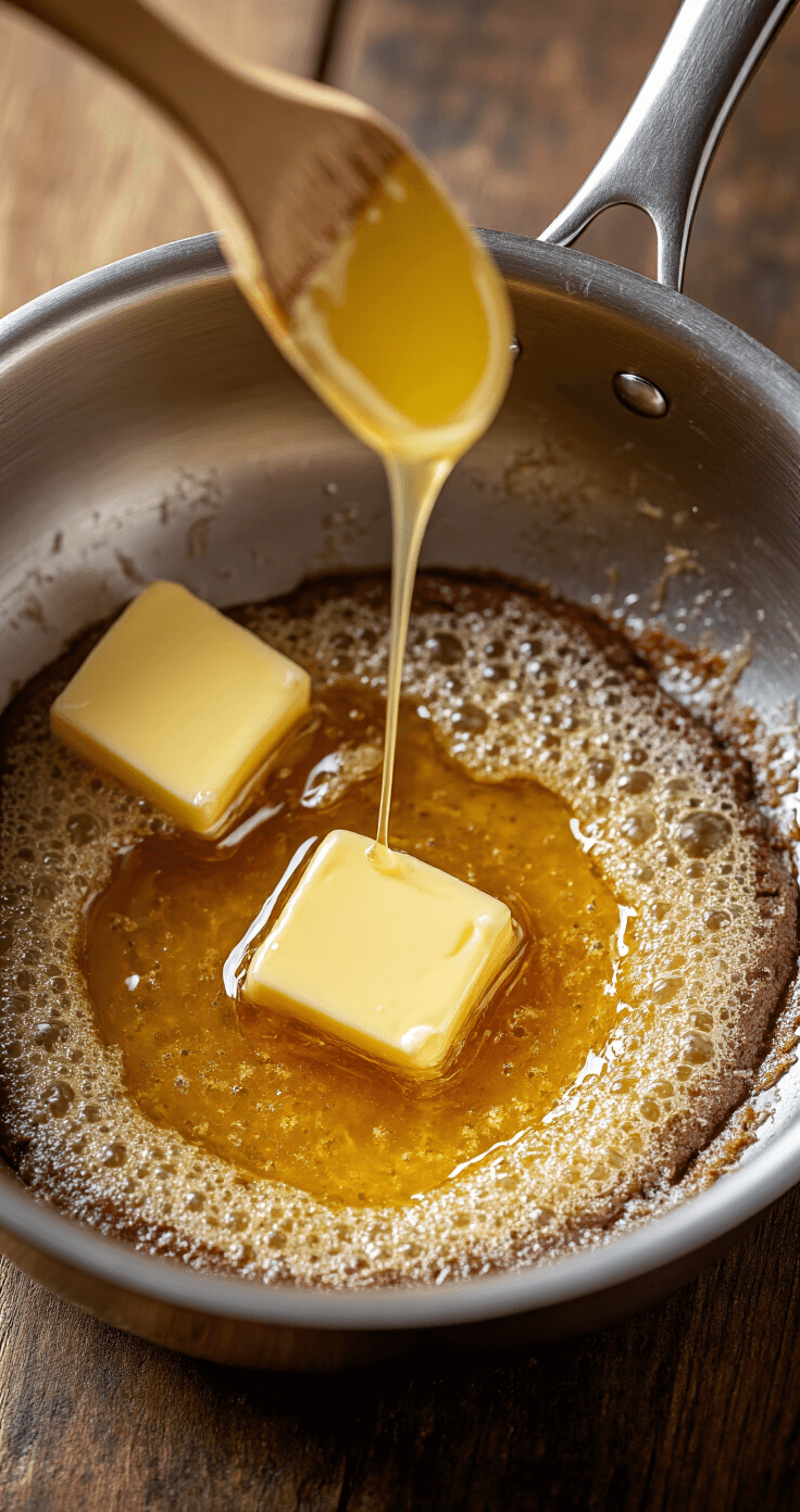 Brown Butter Espresso Brownies That'll Ruin All Other Brownies For You Close-up of golden-brown butter swirling in a stainless steel saucepan, showcasing rich amber color with milk solids at the bottom, soft kitchen light emphasizing the nutty caramel transformation, steam rising, and a wooden spatula nearby.