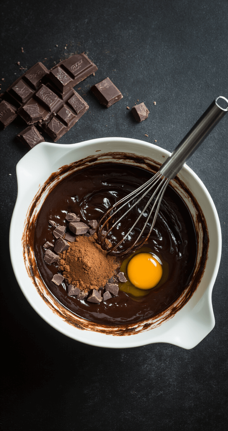 Brown Butter Espresso Brownies That'll Ruin All Other Brownies For You Glossy chocolate brownie batter in a white ceramic bowl, featuring melted dark chocolate chunks and whisked eggs, with espresso powder sprinkled on top, captured with dramatic side lighting that highlights its luxurious texture.