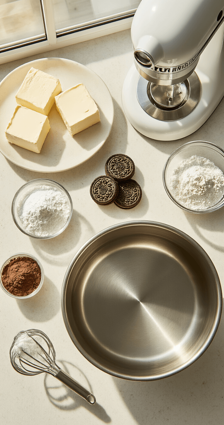 No-Bake Mocha Cheesecake Recipe Ultra-detailed overhead shot of a pristine kitchen counter with neatly arranged cheesecake ingredients, including cream cheese, Oreo cookies, powdered sugar, and espresso powder, illuminated by soft natural light, showcasing a professional mise en place with mixing bowls and an electric mixer.