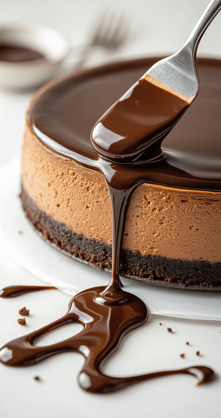 No-Bake Mocha Cheesecake Recipe Dramatic close-up of a glossy mocha cheesecake drizzled with rich ganache, showcasing cascading ribbons and a smooth chocolate-coffee filling, set against a softly blurred refined dining background with precise studio lighting.