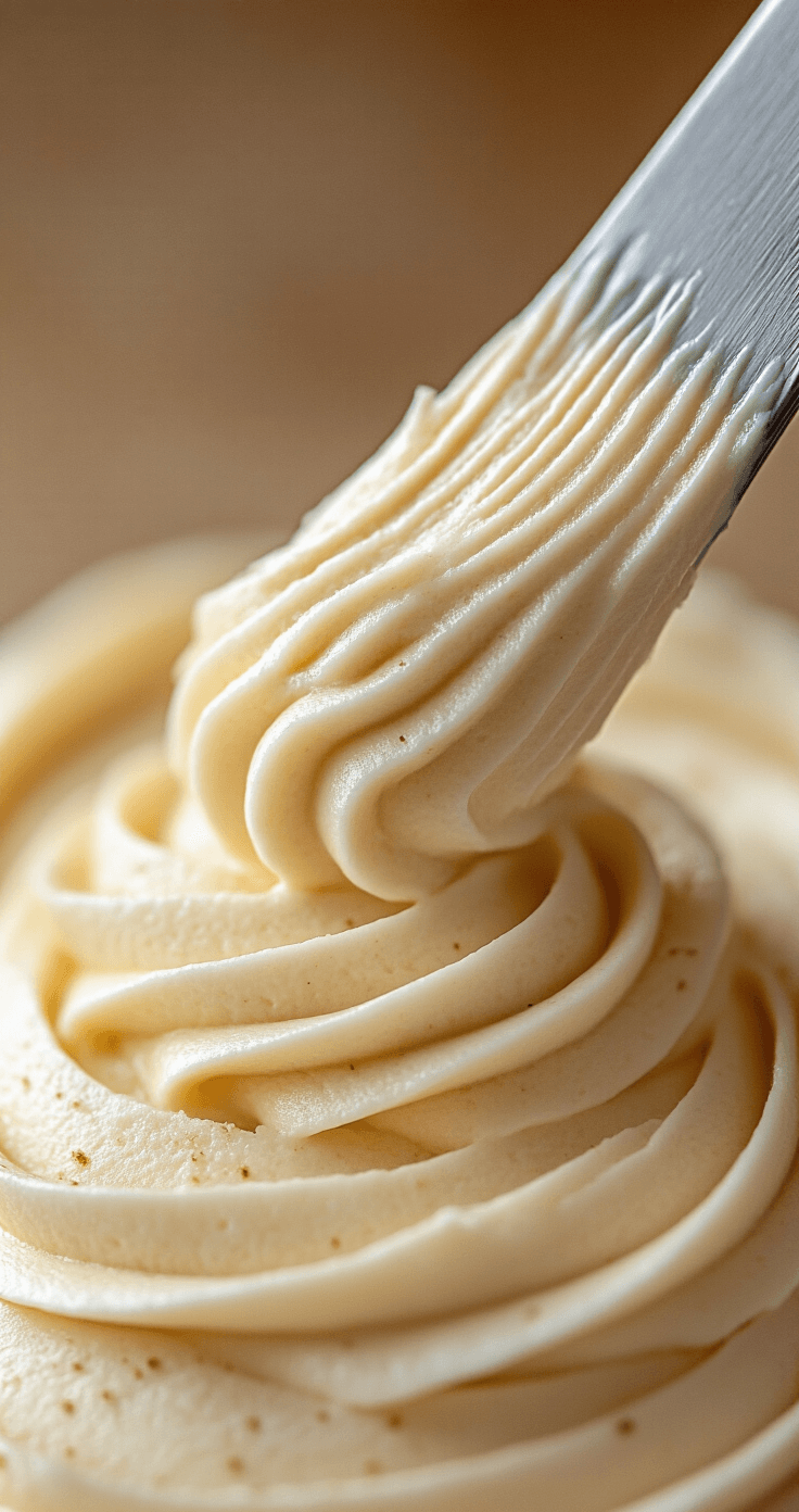 Coffee Buttercream Frosting That Actually Tastes Like Coffee Extreme close-up of light and airy whipped coffee buttercream with soft peaks, pale creamy color, and delicate air bubbles, set against a softly blurred bakery kitchen background, showcasing a silky smooth texture and elegant spatula swoop, with a hint of espresso powder sprinkled beside it.