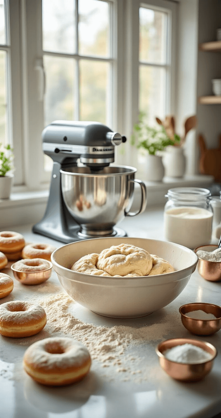 Coffee Donuts Recipe: Fluffy, Caffeinated, and Worth Every Minute Ultra-detailed image of a professional kitchen workspace showcasing flour, a stand mixer, coffee-infused dough in a ceramic bowl, soft morning light, a marble countertop, and precisely measured ingredients in copper bowls.