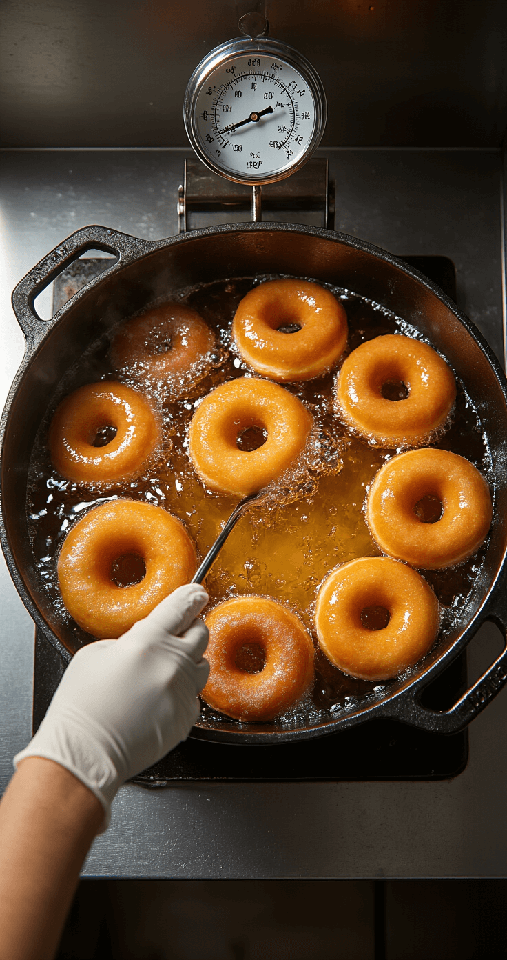 Coffee Donuts Recipe: Fluffy, Caffeinated, and Worth Every Minute Overhead view of golden-brown donuts being lowered into hot oil in a cast-iron pot, with a thermometer reading 365°F, steam rising, and droplets of oil glistening in cinematic lighting.