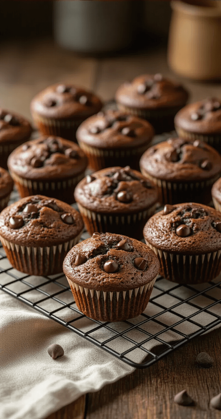 Double Chocolate Coffee Muffins That'll Wake Up Your Mornings Twelve double chocolate coffee muffins cooling on a rustic wooden rack, featuring cracked golden-brown tops and chocolate chip peaks, with steam rising in soft ambient kitchen light. A vintage linen towel adds warmth to the scene, showcasing the muffins' intricate textures and inviting composition.