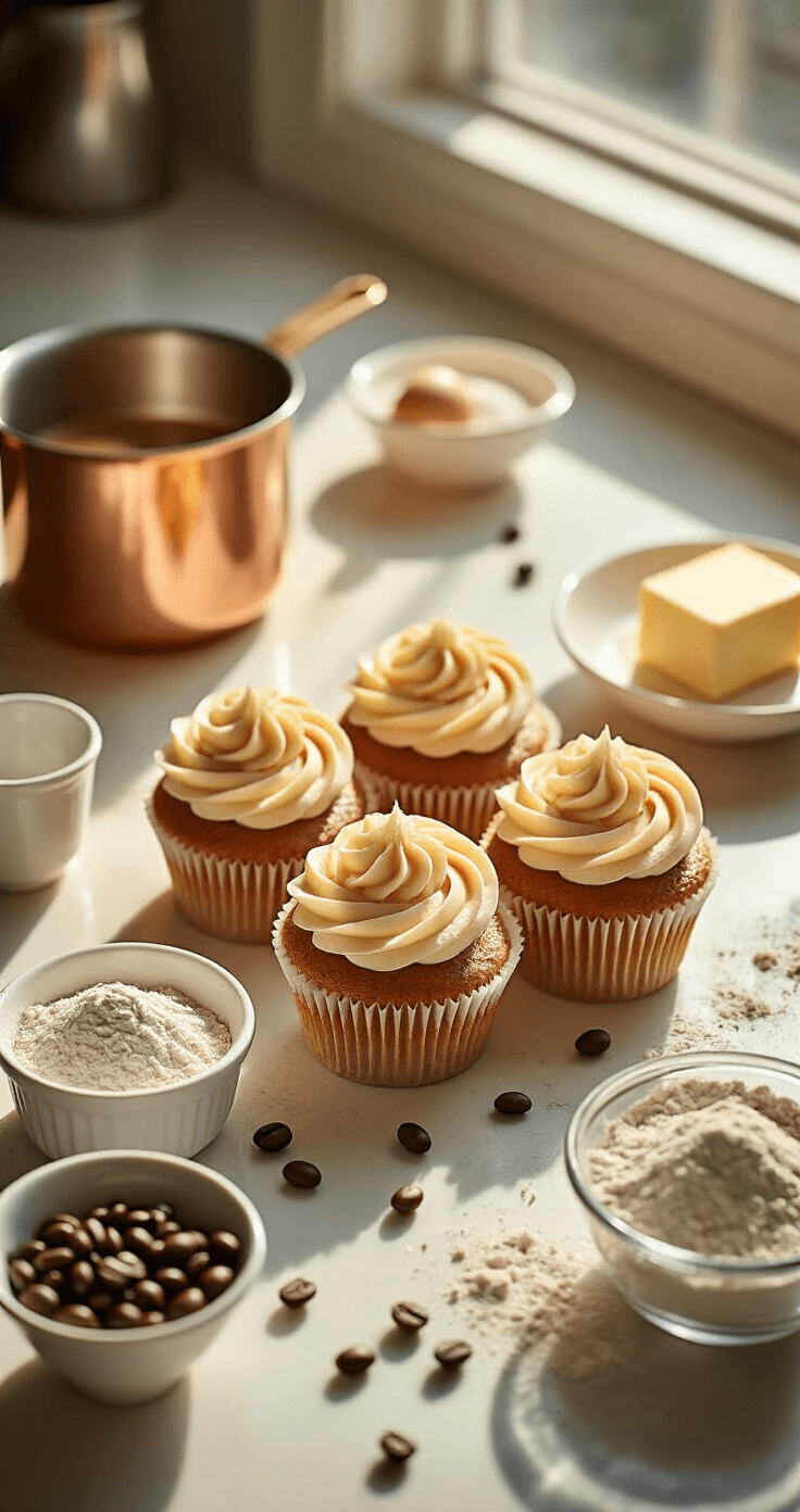 Caramel Latte Cupcakes: The Ultimate Coffee-Lover's Dessert A cinematic overhead view of a pristine kitchen countertop with sunlight illuminating neatly arranged ingredients for caramel latte cupcakes, including espresso beans, softened butter, sifted flour, and a gleaming copper saucepan.