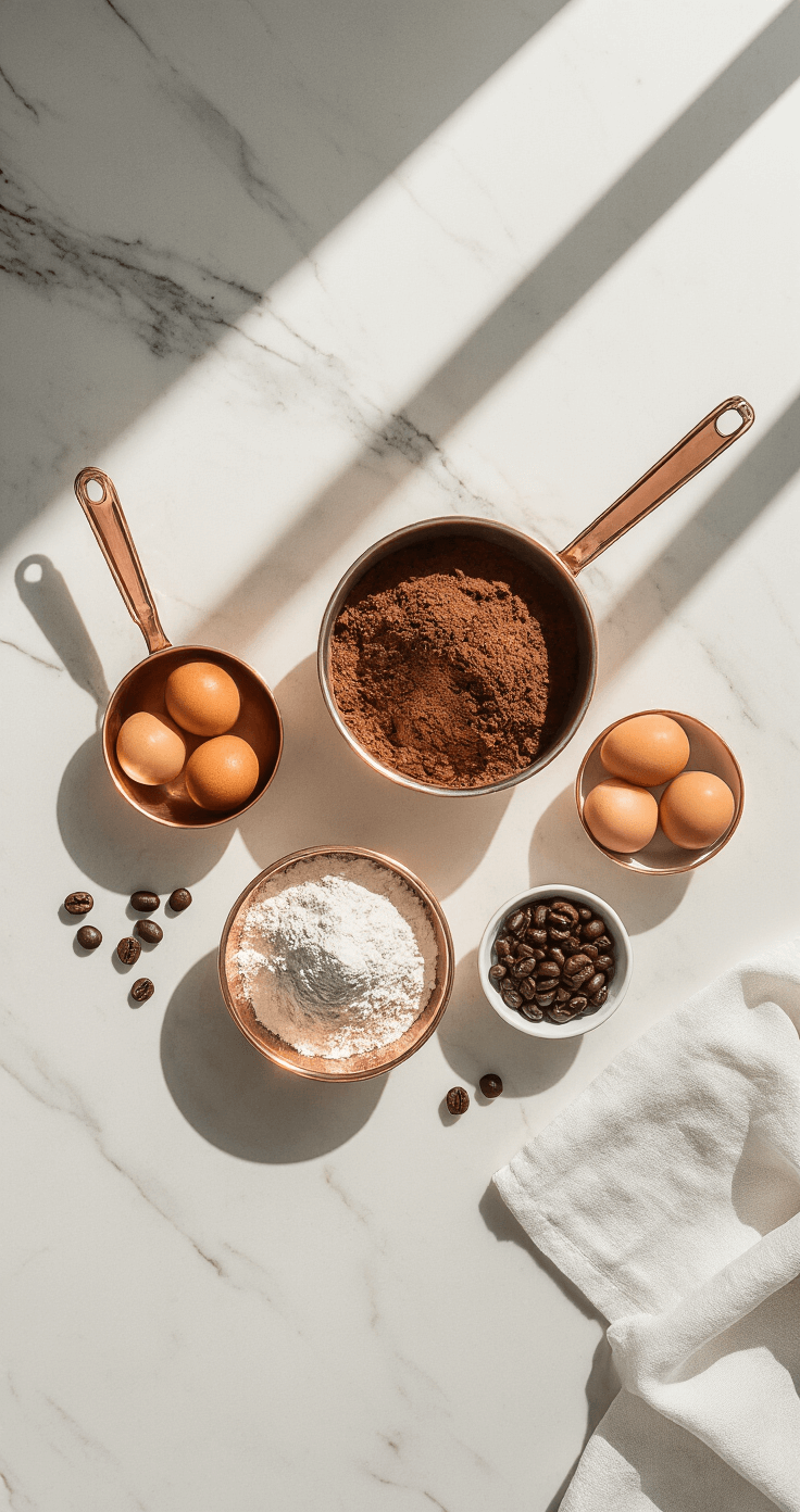 Mocha Layer Cake: The Ultimate Coffee-Chocolate Showstopper Ultra-detailed overhead shot of a pristine kitchen workspace showcasing precisely measured ingredients for mocha layer cake, featuring gleaming copper mixing bowls, fresh eggs, cocoa powder, and coffee beans on a marble countertop, with soft natural light creating dramatic shadows and highlighting textures.
