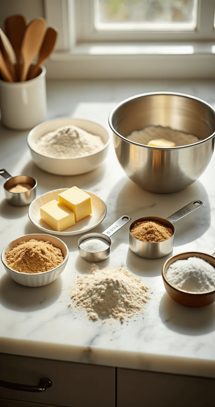 Coffee Crumb Cake Recipe That Rivals Your Favorite Bakery Overhead view of a pristine kitchen counter with neatly arranged baking ingredients, including softening unsalted butter, flour, and brown sugar, illuminated by warm sunlight filtering through a window, highlighting a professional mise en place on a white marble countertop.