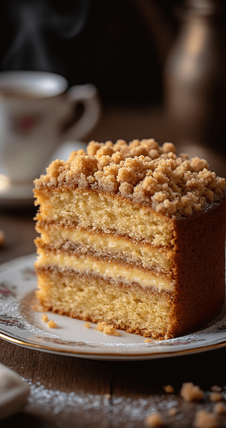 Coffee Crumb Cake Recipe That Rivals Your Favorite Bakery Cinematically lit cross-section of a coffee crumb cake on a vintage porcelain plate, showcasing dense layers and a thick golden crumb topping, with delicate coffee steam nearby and subtle powdered sugar dusting.