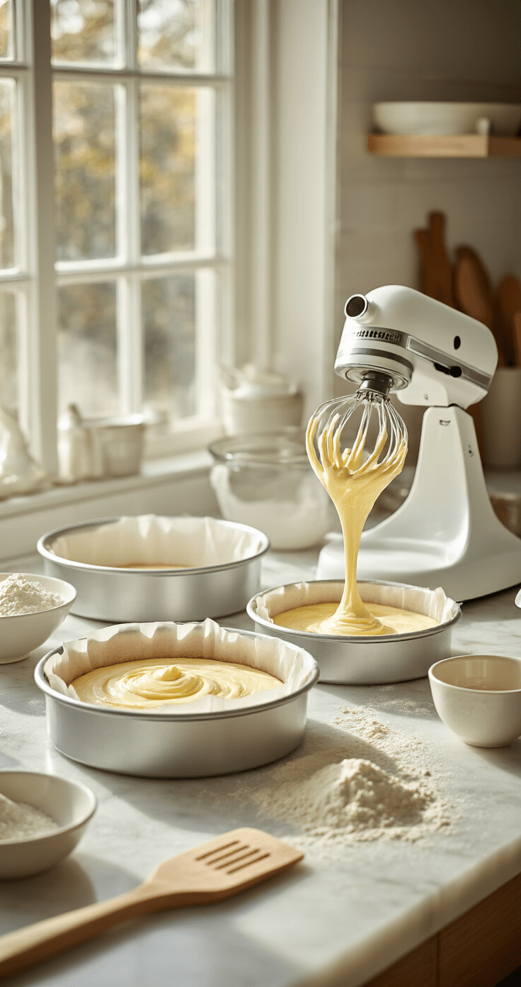 Tiramisu Cake Recipe: The Layered Italian Masterpiece You Can Actually Make at Home Ultra-detailed kitchen scene featuring the preparation of cake layers, with natural light illuminating a marble countertop, greased cake pans, an electric mixer, a whipped egg mixture, and additional ingredients, all set in a warm, inviting atmosphere.