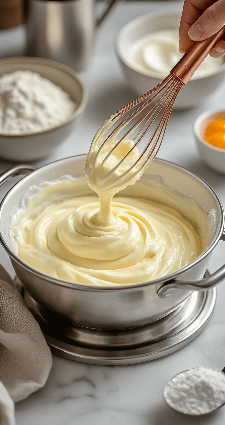 Tiramisu Cake Recipe: The Layered Italian Masterpiece You Can Actually Make at Home Close-up of a double boiler with a bowl of pale egg yolks and sugar transforming into custard, a copper-handled whisk mid-motion; nearby, pristine mascarpone and cold heavy cream await incorporation on a marble surface, softly lit by gentle light.