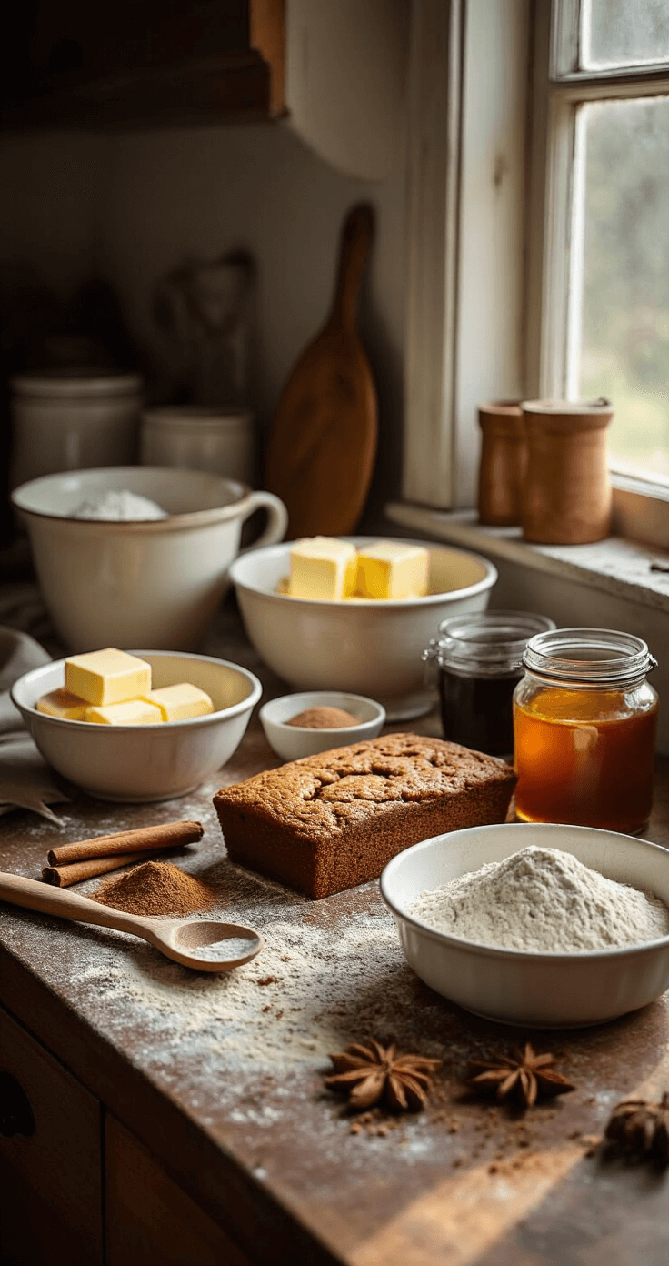 Gingerbread Coffee Cake Recipe: Moist, Spiced, and Ridiculously Easy A rustic kitchen countertop with neatly arranged ingredients for gingerbread coffee cake, including vintage mixing bowls, softened butter, scattered spices, molasses, and sifted flour, all illuminated by soft morning light, creating a warm and inviting baking atmosphere.