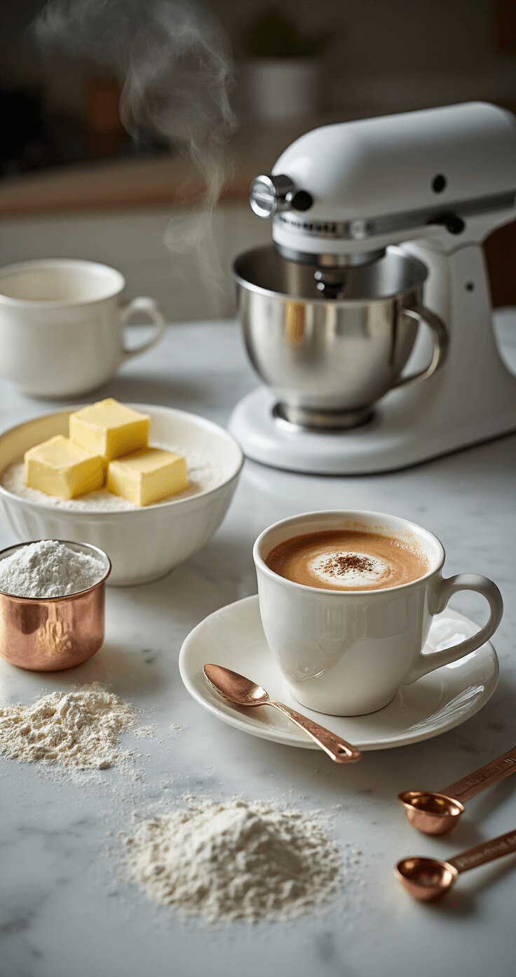 Cappuccino Cupcakes: Coffee Shop Perfection in Every Bite Ultra-detailed close-up of a baking setup on a white marble countertop with measured ingredients like golden butter, white flour in a vintage bowl, and steaming espresso in a porcelain cup, illuminated by soft morning light, featuring copper measuring spoons and a stand mixer in the background.