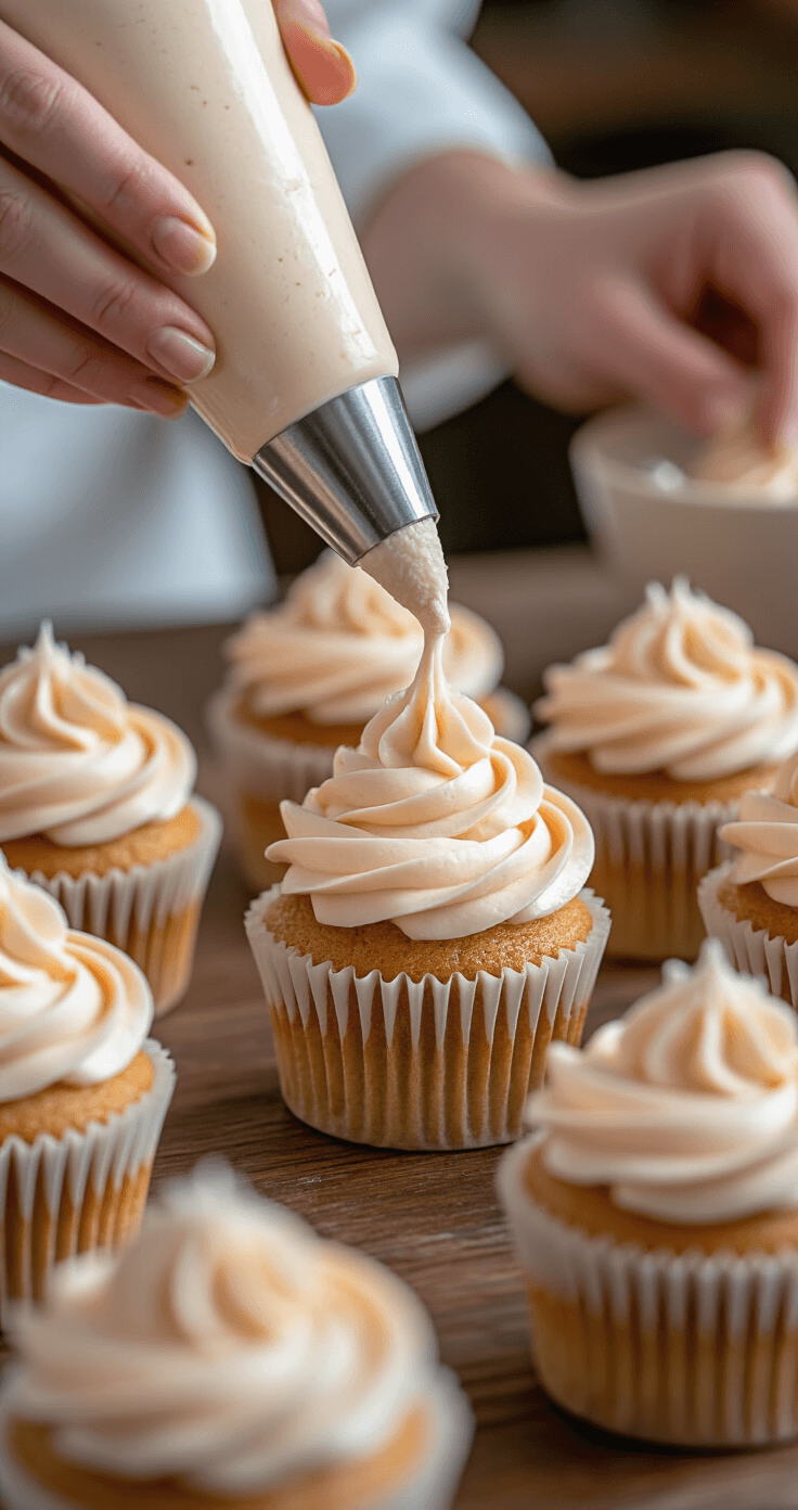 Cappuccino Cupcakes: Coffee Shop Perfection in Every Bite Elegant pastry station with rose-tinted cappuccino buttercream being piped onto cupcakes using a Wilton #104 tip, with a baker's hands visible in crisp white sleeves. The soft-focus background features a rustic wooden surface and natural overhead lighting that enhances the silky texture of the frosting, while pristine white cupcake liners reveal espresso-marbled cake interiors.