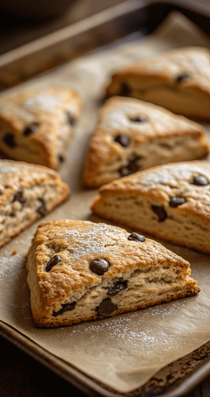 Mocha Scones: The Coffee Shop Classic You Can Actually Master at Home Close-up of freshly baked mocha scones on parchment-lined baking sheet, showcasing golden-brown triangle shape, chocolate chunk details, and crisp edges with steam rising. Rustic ceramic plate beneath and warm kitchen background enhance the inviting atmosphere.
