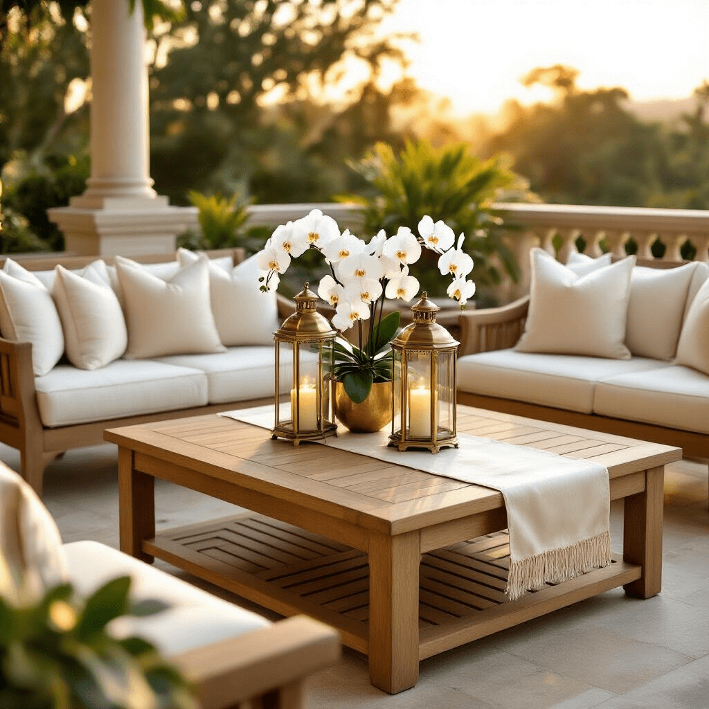 Ultimate Guide to Outdoor Coffee Tables: Style Meets Functionality Elegant teak coffee table centerpiece on a luxury patio terrace at golden hour, featuring brass hurricane lanterns, white orchids, and champagne silk runners, surrounded by plush cream seating and lush greenery.