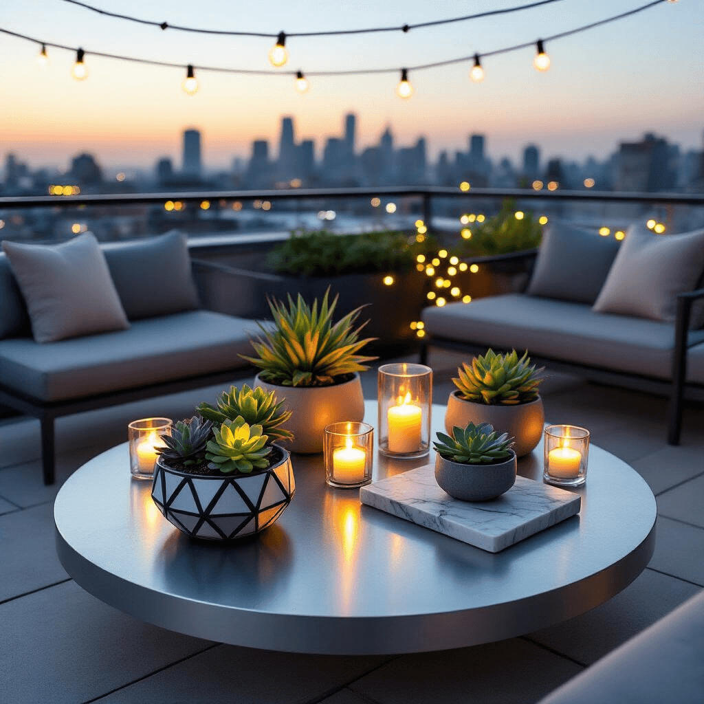 Ultimate Guide to Outdoor Coffee Tables: Style Meets Functionality Overhead view of a sleek aluminum round coffee table on a modern rooftop balcony at twilight, surrounded by fairy lights, geometric planters with succulents, glass candle holders, a marble serving tray, and soft gray outdoor cushions, against a city skyline backdrop with overhead string lights.