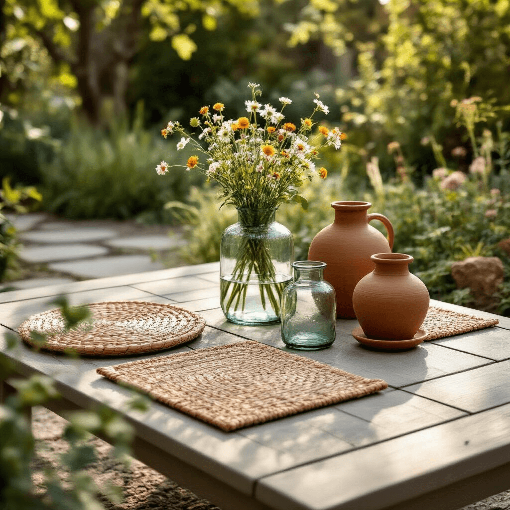 Ultimate Guide to Outdoor Coffee Tables: Style Meets Functionality Close-up detail of a weathered polywood rectangular coffee table featuring recycled glass vases with wildflowers, woven natural fiber placemats, and terra cotta pottery, set in a cozy garden during soft morning light, highlighting an earth-tone palette of sage green, terracotta, and cream among native plants and stone pathways.