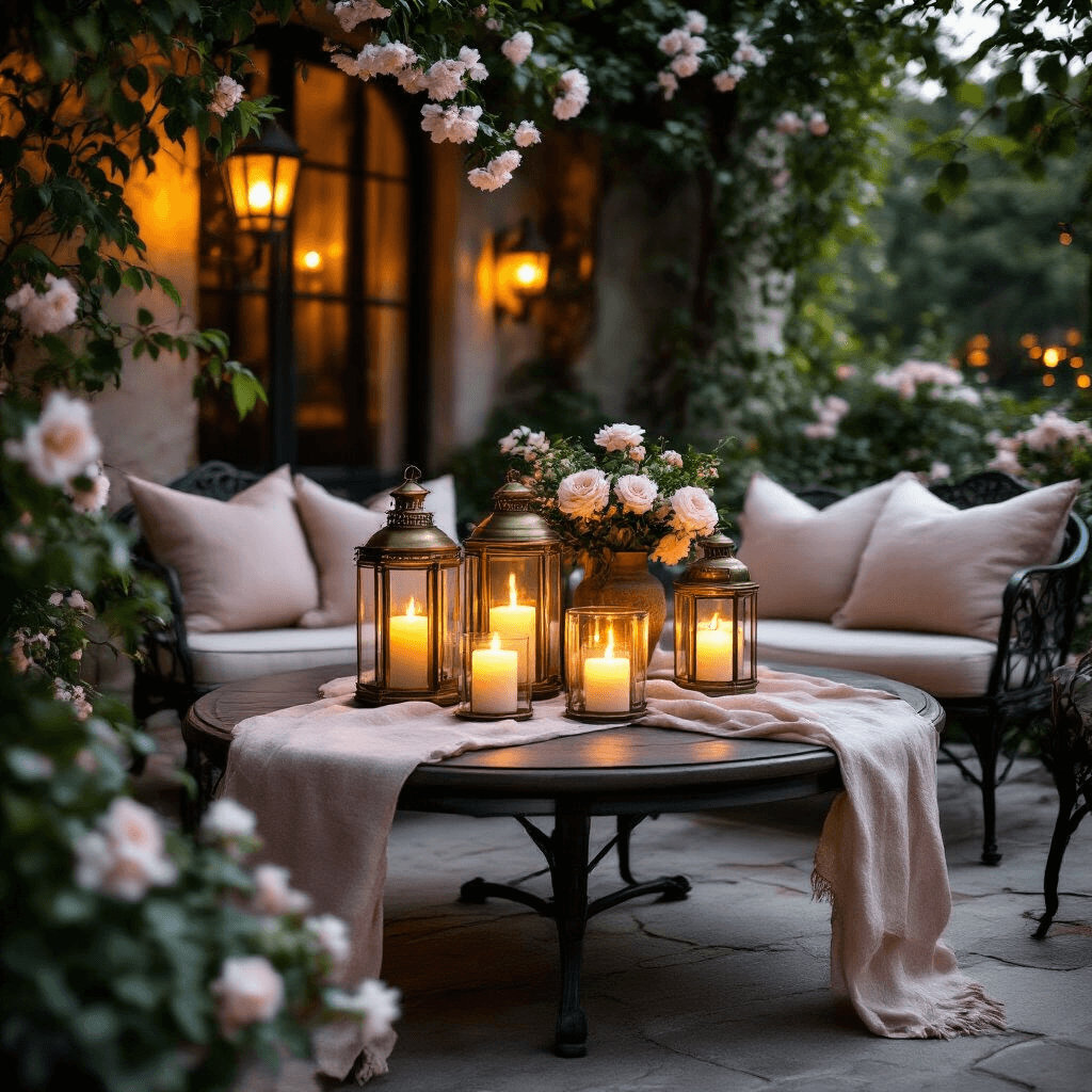 Ultimate Guide to Outdoor Coffee Tables: Style Meets Functionality Moody evening scene of a round coffee table on an intimate patio, featuring vintage brass lanterns, blush linen table runners, hurricane glass pillar candles, climbing jasmine, wrought iron furniture, and warm amber lighting casting shadows on textured stone surfaces.