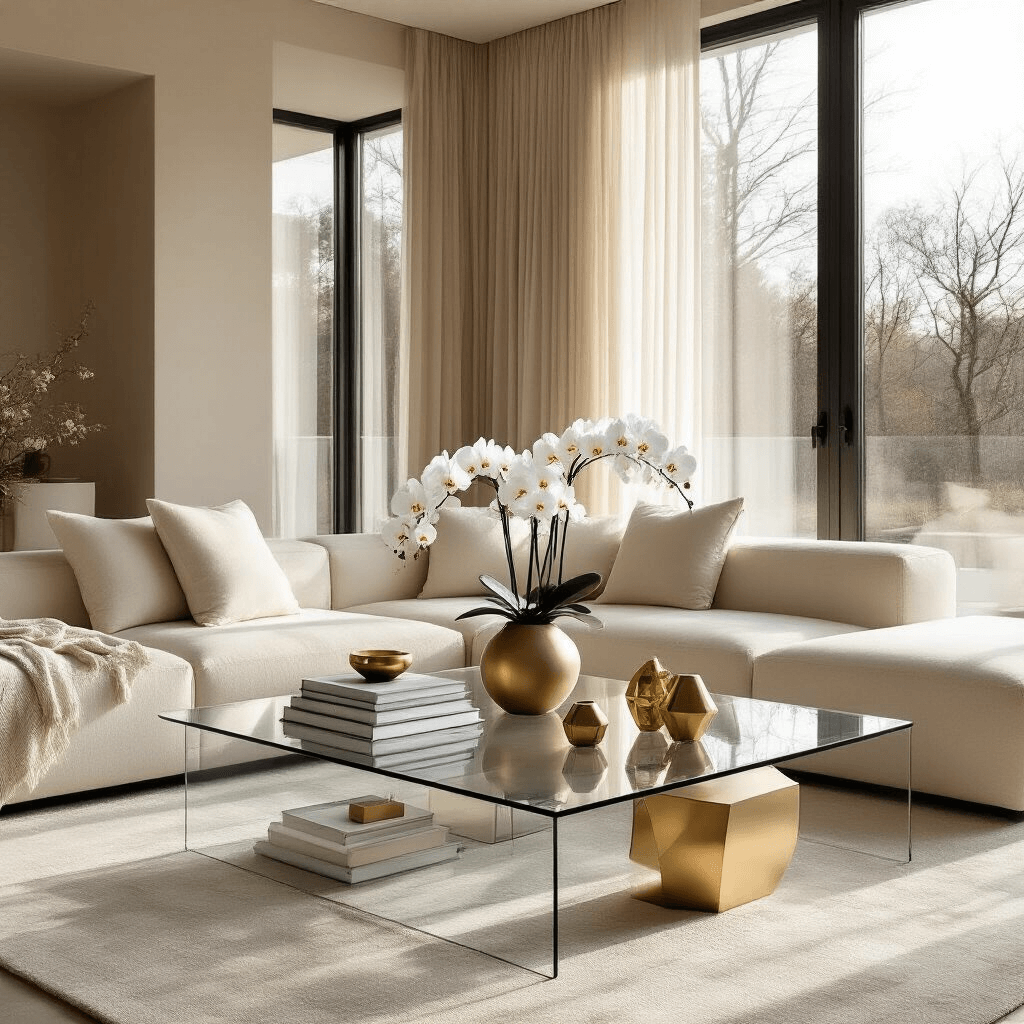 Styling Your Glass Coffee Table: A Complete Decorating Guide A modern living room featuring a glass coffee table with a three-tier arrangement of art books, a ceramic vase with white orchids, and brass geometric objects, bathed in soft afternoon sunlight streaming through floor-to-ceiling windows. The space is decorated in a neutral palette with a cream sectional and subtle maintenance items nearby.