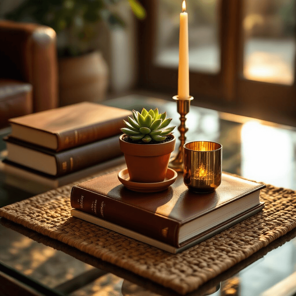 Styling Your Glass Coffee Table: A Complete Decorating Guide Close-up shot of a stylish glass coffee table vignette during golden hour, featuring leather-bound books, a small succulent in a terracotta pot, brass candlesticks, and a woven placemat, all illuminated by warm natural light that highlights textures and creates dramatic shadows.