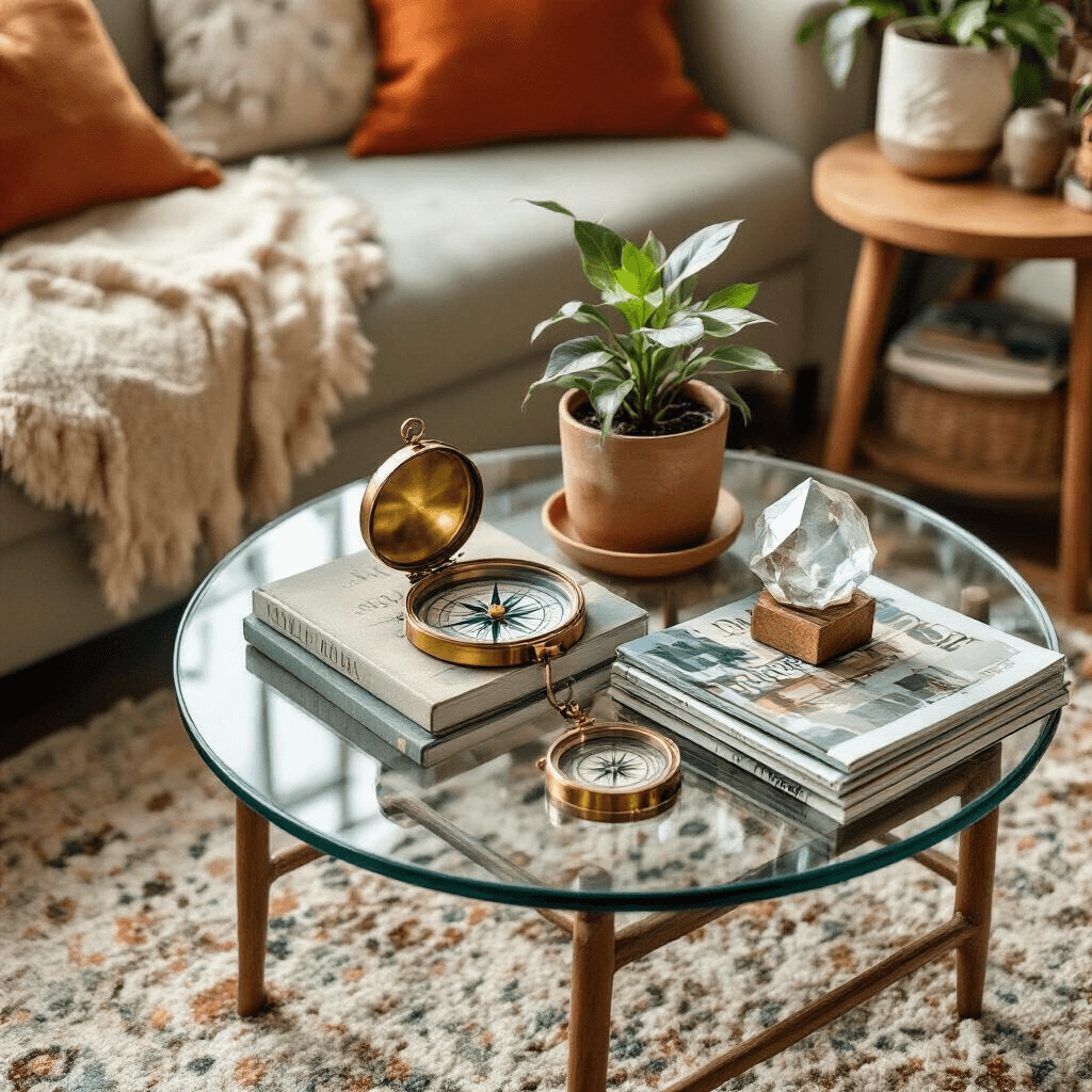 Styling Your Glass Coffee Table: A Complete Decorating Guide Overhead view of a cozy apartment coffee table featuring travel souvenirs, a vintage brass compass, a stack of design magazines, a small potted plant, and a geometric crystal paperweight, all bathed in soft morning light. The warm color palette of sage green, terracotta, and cream complements surrounding textile throw pillows and a wooden side table, showcasing a harmonious design with mixed materials and organic shapes.